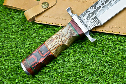 Hand-Forged Custom Damascus Steel Bowie Knife with Engraved Blade and Mosaic Handle | UN-8161