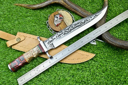 Hand-Forged Custom Damascus Steel Bowie Knife with Engraved Blade and Mosaic Handle | UN-8161