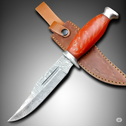 Custom Handmade 12" Damascus Steel Bowie Knife | Wood & Resin Handle, Leather Sheath | Anniversary