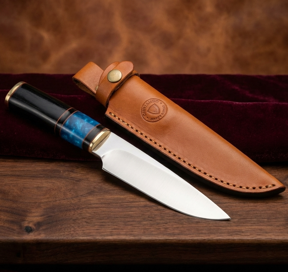 12.5" Custom Handmade Fixed Blade Hunting Knife - Blue Resin & Ebony Handle with Leather Sheath