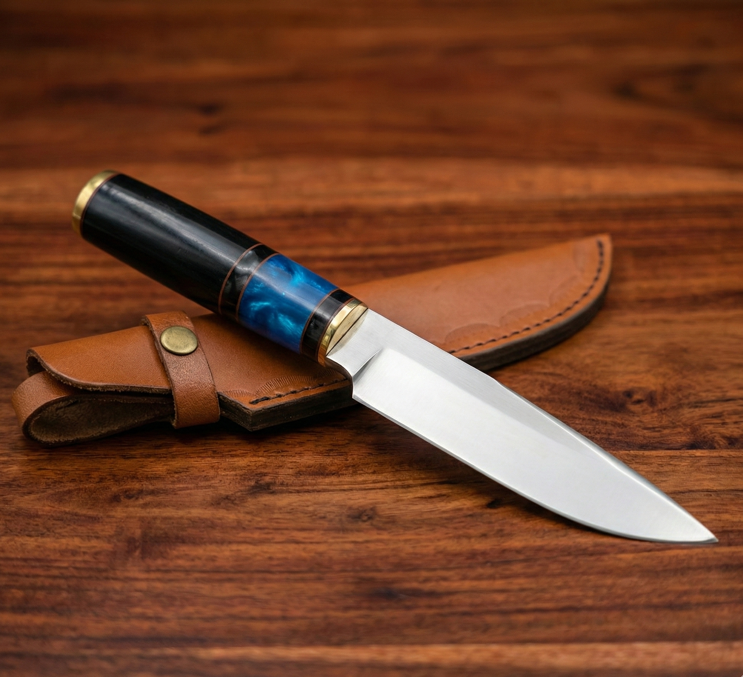 12.5" Custom Handmade Fixed Blade Hunting Knife - Blue Resin & Ebony Handle with Leather Sheath