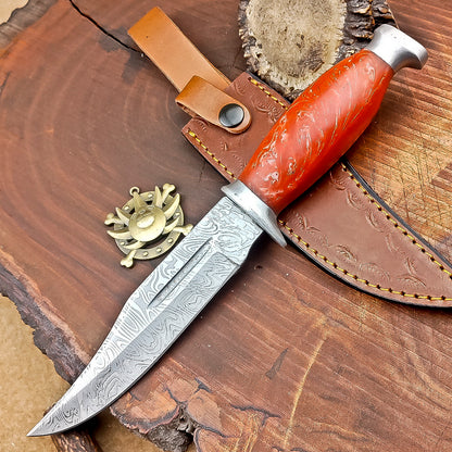 Custom Handmade 12" Damascus Steel Bowie Knife | Wood & Resin Handle, Leather Sheath | Anniversary