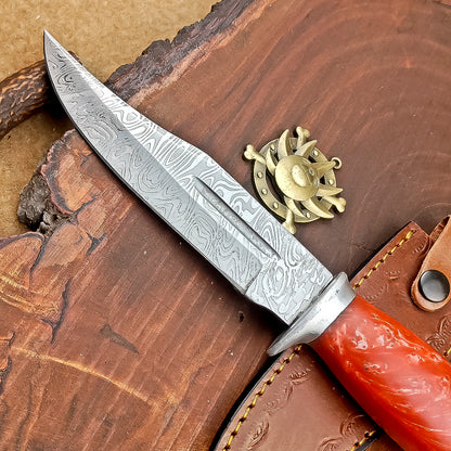 Custom Handmade 12" Damascus Steel Bowie Knife | Wood & Resin Handle, Leather Sheath | Anniversary
