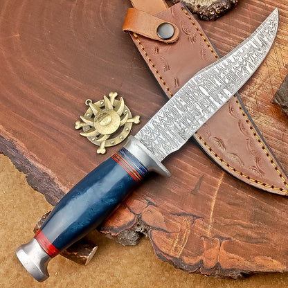 Handmade Damascus Steel Hunting Knife with Blue & Red Striped Handle