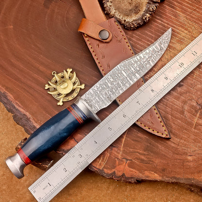 Handmade Damascus Steel Hunting Knife with Blue & Red Striped Handle