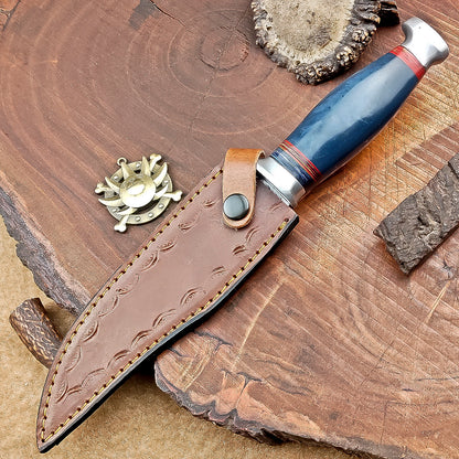 Handmade Damascus Steel Hunting Knife with Blue & Red Striped Handle