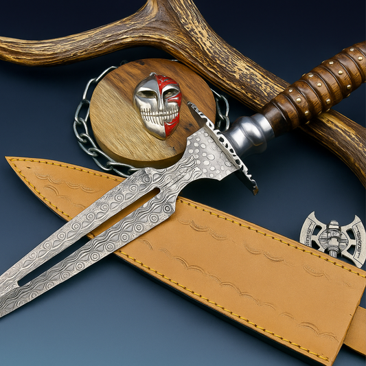 Damascus Steel Double Blade Fantasy Dagger with Leather Sheath and Bleach Mask Keychain | SN-787