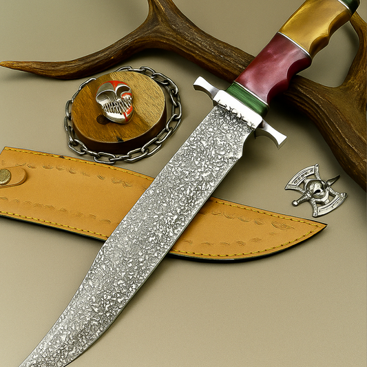 Handmade Damascus Steel Bowie Knife with Multi-Material Handle | UN-8083