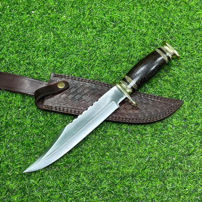 Bowie Knife 14” – Handmade D2 Steel Hunting Knife with Wedge Wood Handle & Leather Sheath