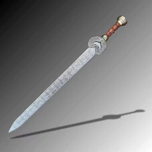 Handmade Damascus Steel Roman Gladius Sword | Ornate Dragon Brass Fittings & Black Leather Scabbard