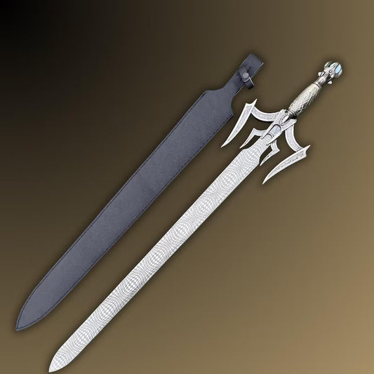 Handmade Fantasy Sword with Ornate Guard | Unique Damascus Steel Blade & Leather Scabbard