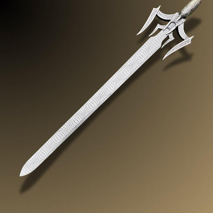 Handmade Fantasy Sword with Ornate Guard | Unique Damascus Steel Blade & Leather Scabbard