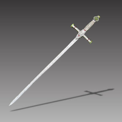 Handmade Medieval Sword with Gemstones  Ornate Damascus Steel Blade & Black Leather Scabbard