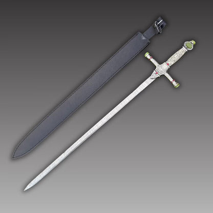 Handmade Medieval Sword with Gemstones  Ornate Damascus Steel Blade & Black Leather Scabbard