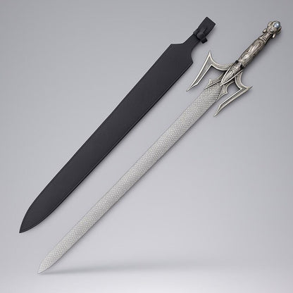 Handmade Fantasy Sword with Ornate Guard | Unique Damascus Steel Blade & Leather Scabbard