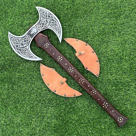 Hand Forged Double Headed Bearded Axe, Viking throwing axe  Engraved Double-Headed Viking Axe, Gift for husband, anniversary gift for him
