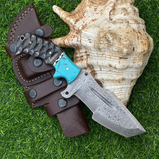 Handcrafted 10&quot; Damascus Tracker Knife – Unique Wood & Resin Handle with Intricate Engraving, Christmas Gift, Fathers day gift, gift for him