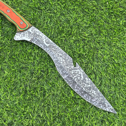 Handmade Etched J2 Steel Knife – Micarta Handle, 16&quot; Overall Length, Includes Leather Sheath – Hunting, Camping, Collectible Gift for Him