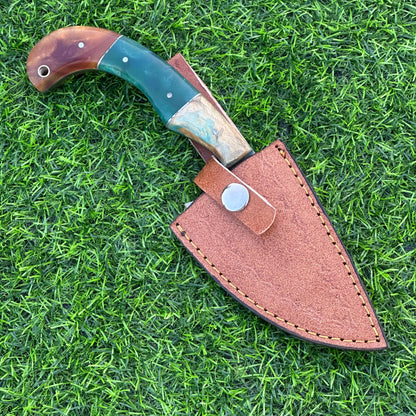 Handmade J2 Steel Etched Blade Hunting Knife – 9&quot; Overall, Resin Handle, Leather Sheath, Perfect for Hunting, Camping, Outdoor & Collectors