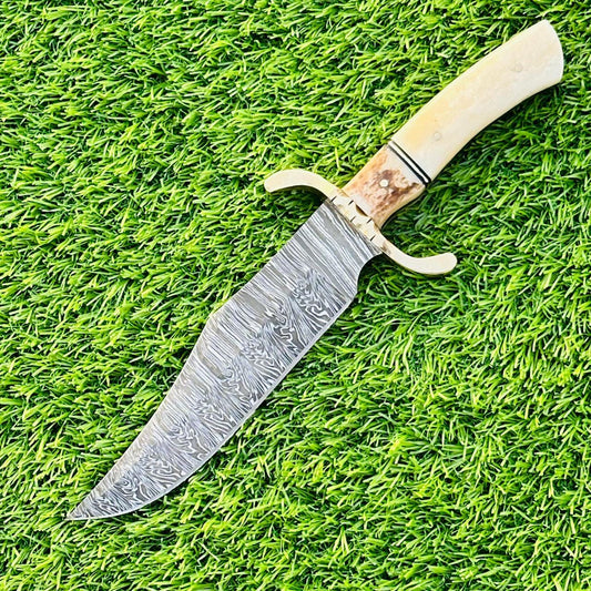 Damascus Bowie Knife 12&quot; Handcrafted Stag Horn Handle Steel Guard – Hunting, Camping & Collector’s Blade