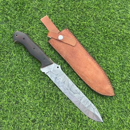 Handmade Full Tang Knife – 15&quot; J2 Steel Etched Blade, Micarta Handle, Leather Sheath – Gift for Him, Gift for Husband, Collectible Knife,