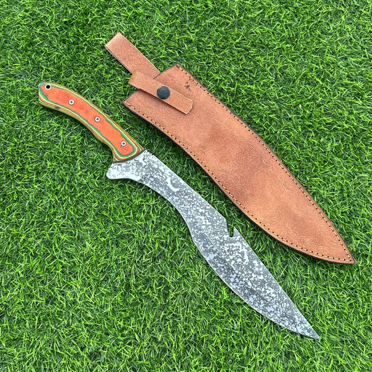 Handmade Etched J2 Steel Knife – Micarta Handle, 16&quot; Overall Length, Includes Leather Sheath – Hunting, Camping, Collectible Gift for Him
