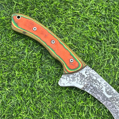 Handmade Etched J2 Steel Knife – Micarta Handle, 16&quot; Overall Length, Includes Leather Sheath – Hunting, Camping, Collectible Gift for Him