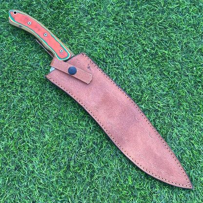 Handmade Etched J2 Steel Knife – Micarta Handle, 16&quot; Overall Length, Includes Leather Sheath – Hunting, Camping, Collectible Gift for Him