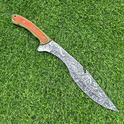 Handmade Etched J2 Steel Knife – Micarta Handle, 16&quot; Overall Length, Includes Leather Sheath – Hunting, Camping, Collectible Gift for Him