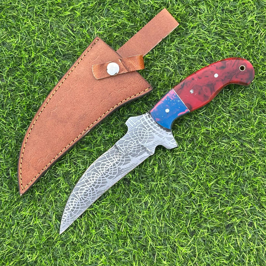 Handmade J2 Steel Etched Blade Hunting Knife – 11&quot; Overall, Resin Handle, Leather Sheath, Perfect for Hunting, Camping, Outdoor & Collectors