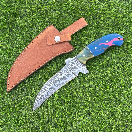 Hunting Knife Handmade J2 Steel Etched Blade 11&quot; Overall with Resin Handle & Leather Sheath for Camping Outdoor Collectors