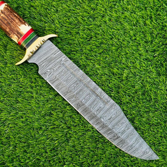 Handmade 17&quot; Damascus Bowie Knife with Stag Horn Handle & Brass Bolsters | Hunting Collectible Gift with Sheath