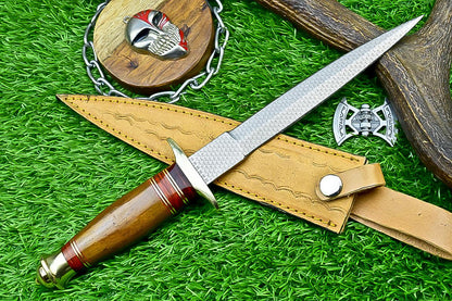 12” Handmade Bowie Knife with J2 Steel Etched Blade & Leather Sheath, Dagger Knife Gift for Him, Camping Survival Knife for Husband