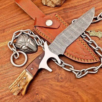 Damascus Bowie Knife 10&quot; Handcrafted Stag Horn Handle, Steel Guard, Hunting & Camping Collectible Blade