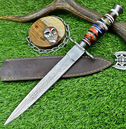 14.5&quot; Handmade Damascus Steel Dagger Hunting Bowie Knife | Double Edge Blade, Resin Handle, Damascus Guard, Gift for Groomsmen, Wedding Gift