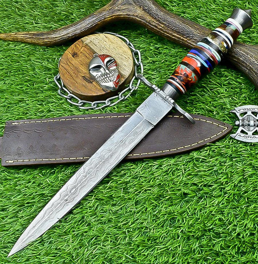 14.5&quot; Handmade Damascus Steel Dagger Hunting Bowie Knife | Double Edge Blade, Resin Handle, Damascus Guard, Gift for Groomsmen, Wedding Gift