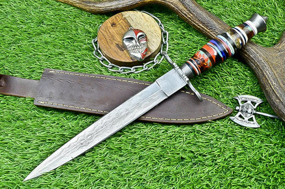 14.5&quot; Handmade Damascus Steel Dagger Hunting Bowie Knife | Double Edge Blade, Resin Handle, Damascus Guard, Gift for Groomsmen, Wedding Gift