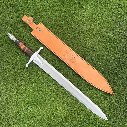 Medieval Sword Hand Forged 30&quot; J2 Steel Blade | Resin Handle & Leather Scabbard | Tactical Collectible Gift for Him