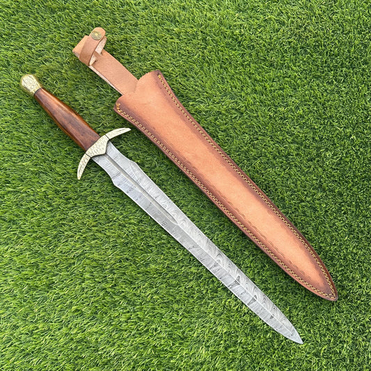 Handmade Damascus Steel Medieval Sword 22 Inch | Rosewood Handle | Brass Bolster | Leather Scabbard | Collectible Sword | Gift for Him