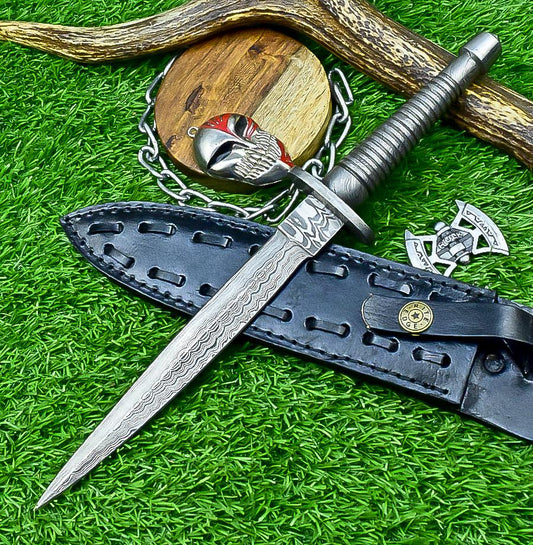 Damascus Steel Dagger Knife 12.5&quot; Handmade Double Edge Blade with Leather Sheath - Collectible Gift for Him & Groomsmen