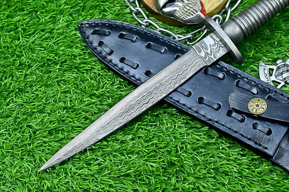 Damascus Steel Dagger Knife 12.5&quot; Handmade Double Edge Blade with Leather Sheath - Collectible Gift for Him & Groomsmen