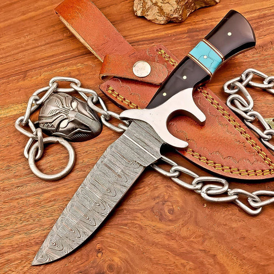 Handcrafted 10&quot; Damascus Bowie Knife –Resin, Damascus Steel Blade & Steel Guard – Premium Quality for Hunting, Camping, Collectors
