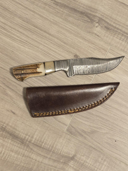 Custom Handmade Damascus Hunting Knife | Stag Horn Handle Damascus Bolsters with Leather Sheath, Hunting and Collectible Knife, Gift for him