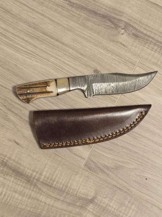 Custom Handmade Damascus Hunting Knife | Stag Horn Handle Damascus Bolsters with Leather Sheath, Hunting and Collectible Knife, Gift for him