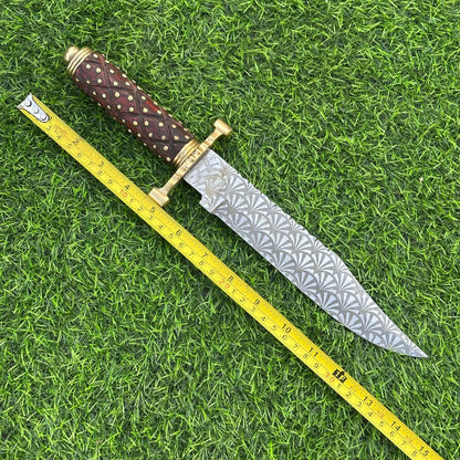Handmade J2 Steel Bowie Knife with Etched Blade & Wood Handle, Custom Hunting Knife with Sheath Gift for Him, Unique Collectible Blade