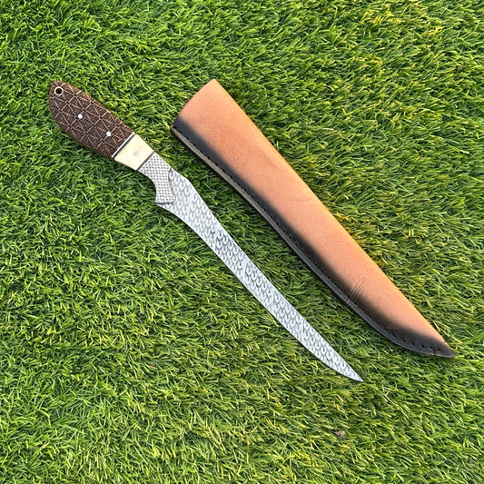 Custom 13&quot; Fillet Knife with J2 Steel Etched Blade, Rosewood  Camel Bone Handle – Precision Fishing & Kitchen Cutlery Tool