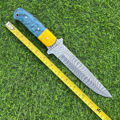 12&quot; Handmade J2 Steel Etched Blade Bowie Hunting Knife –  Resin Handle, Leather Sheath, Perfect for Hunting, Camping, Outdoor & Collectors
