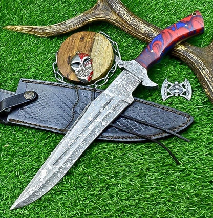 Handmade J2 Steel Bowie Knife 15&quot; | Resin | Damascus Guard | Etched Blade, Full Tang Knife, Collectible Bowie, Husband Anniversary Present