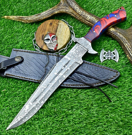 Handmade J2 Steel Bowie Knife 15&quot; | Resin | Damascus Guard | Etched Blade, Full Tang Knife, Collectible Bowie, Husband Anniversary Present