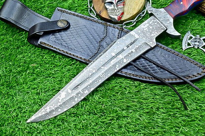 Handmade J2 Steel Bowie Knife 15&quot; | Resin | Damascus Guard | Etched Blade, Full Tang Knife, Collectible Bowie, Husband Anniversary Present